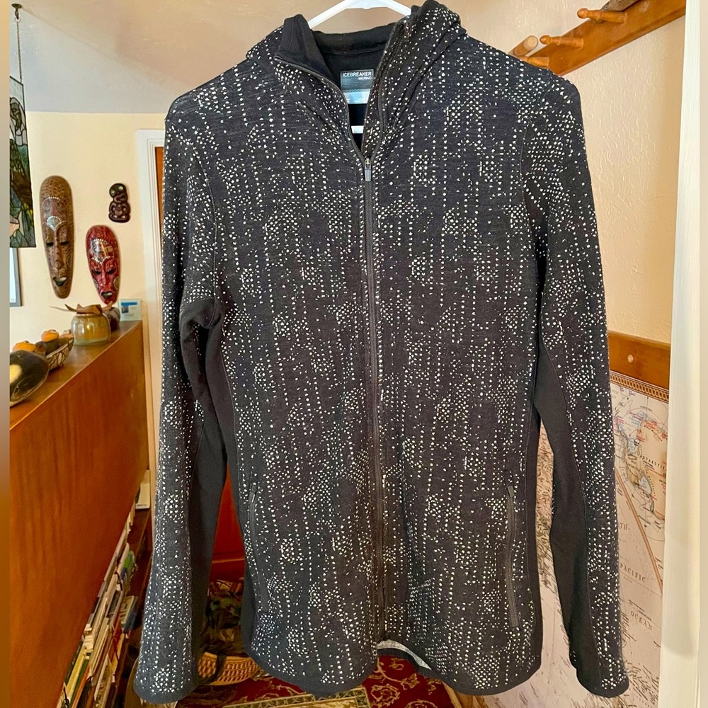 Icebreaker Merino Wool Front Zip Lined Hood Zipper Pockets Patterned Cardigan L